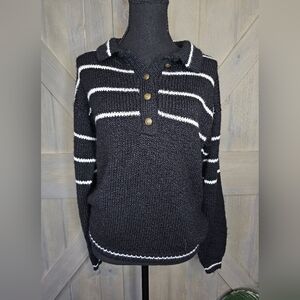 Black and White Striped Sweater with Stand-Up Collar